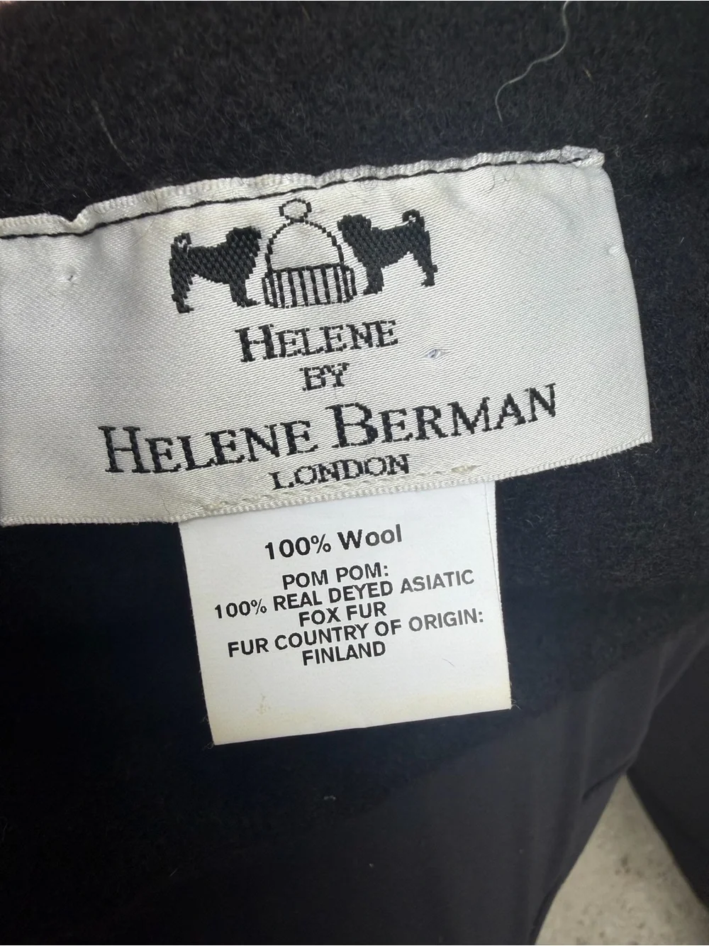 Helene Berman Black Wool Beanie Hat Real Fox Fur Pom Pom Pleated Detail